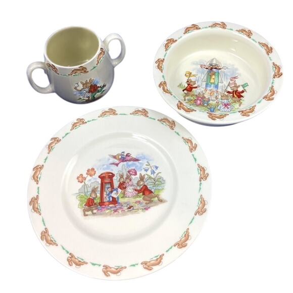 Royal Doulton Lot of Childs Tableware Bunnykins with Plate Bowl 2 Handle Cup - Picture 2 of 16